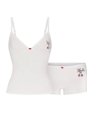 SKIMS Lightweight Cotton Logo Picot Cami & Boyshort Set – Snow Contrast – Size S
